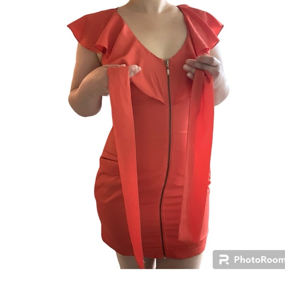 Vintage Y2K 2000s Bebe Coral Orange Ruffle Sleeve Zip-Up Mini Dress Tie Belt S/M - Picture 6 of 15
